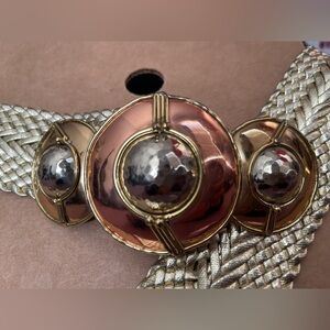 SOLD:  Vintage gold woven 2” wide belt with brassy brutalist buckle 34-38”